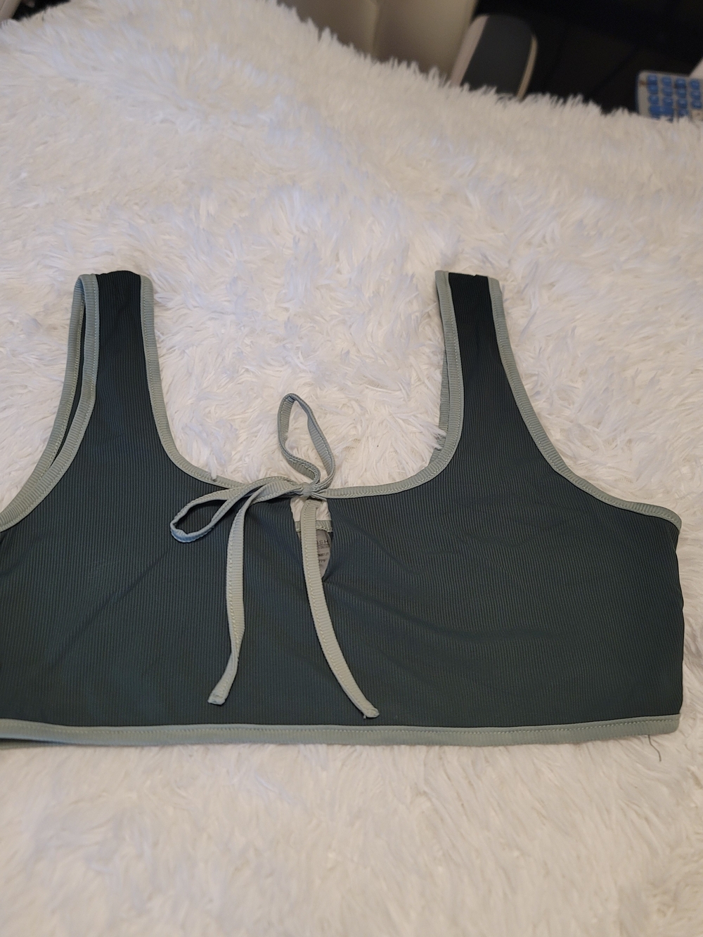 Kittenish Dark Green Ribbed Scoop Bralette with Light Green Trim Crop Top Large